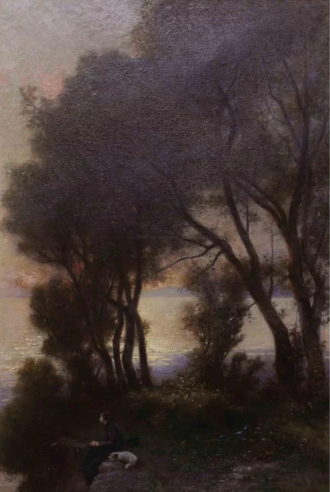 Una donna e un cane al tramonto